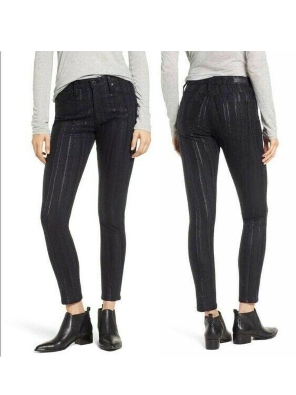 AG The Farrah Skinny Ankle High Rise With Metal Striped Denim Black Jeans Sz 27